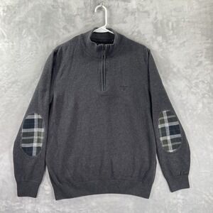 Barbour Sweater men's Medium 1/4 Zip Pullover Knit Sweatshirt Elbow Patches Gray